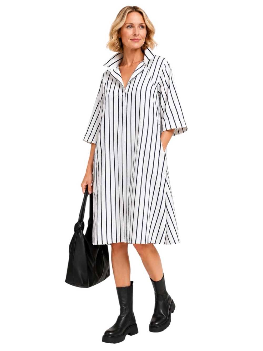 Labo.Art Cotton Oversized Popover Midi Dress Blue Stripes Made in Italy Size XS